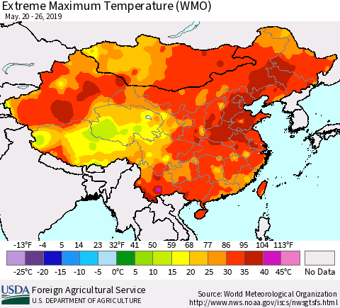 China and Taiwan Extreme Maximum Temperature (WMO) Thematic Map For 5/20/2019 - 5/26/2019