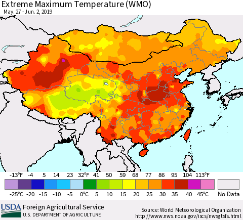 China, Mongolia and Taiwan Maximum Daily Temperature (WMO) Thematic Map For 5/27/2019 - 6/2/2019