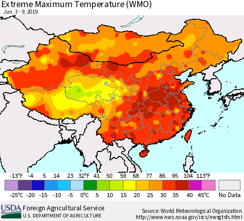 China and Taiwan Maximum Daily Temperature (WMO) Thematic Map For 6/3/2019 - 6/9/2019
