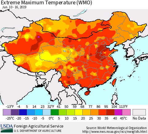 China and Taiwan Extreme Maximum Temperature (WMO) Thematic Map For 6/10/2019 - 6/16/2019