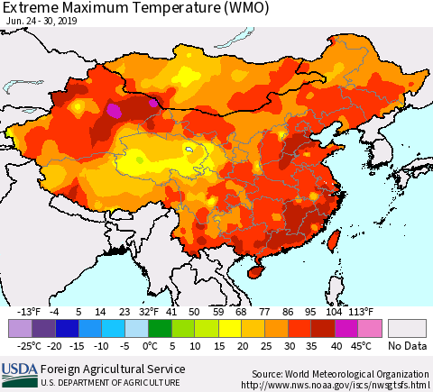 China and Taiwan Maximum Daily Temperature (WMO) Thematic Map For 6/24/2019 - 6/30/2019