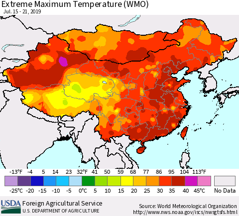 China and Taiwan Extreme Maximum Temperature (WMO) Thematic Map For 7/15/2019 - 7/21/2019