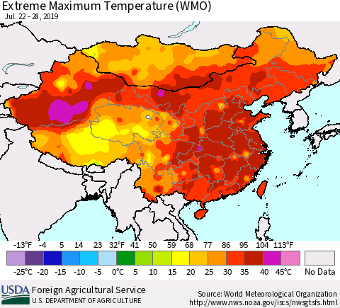 China and Taiwan Extreme Maximum Temperature (WMO) Thematic Map For 7/22/2019 - 7/28/2019