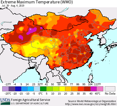 China and Taiwan Extreme Maximum Temperature (WMO) Thematic Map For 7/29/2019 - 8/4/2019