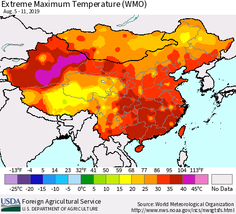China and Taiwan Extreme Maximum Temperature (WMO) Thematic Map For 8/5/2019 - 8/11/2019