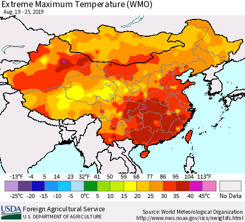China and Taiwan Extreme Maximum Temperature (WMO) Thematic Map For 8/19/2019 - 8/25/2019