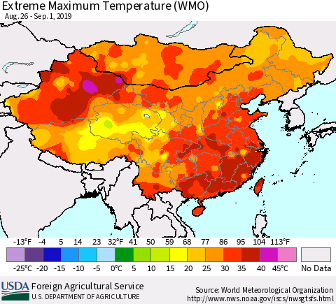 China and Taiwan Extreme Maximum Temperature (WMO) Thematic Map For 8/26/2019 - 9/1/2019