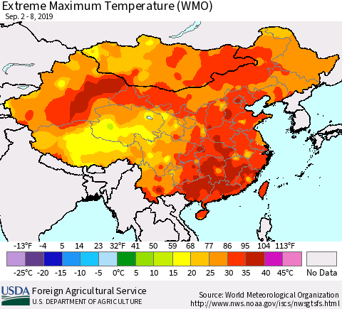 China and Taiwan Extreme Maximum Temperature (WMO) Thematic Map For 9/2/2019 - 9/8/2019