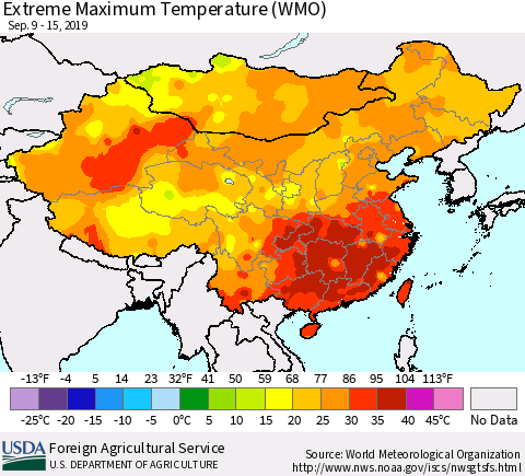 China, Mongolia and Taiwan Maximum Daily Temperature (WMO) Thematic Map For 9/9/2019 - 9/15/2019