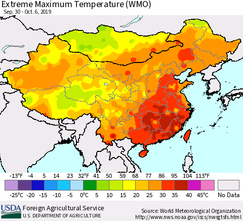 China and Taiwan Extreme Maximum Temperature (WMO) Thematic Map For 9/30/2019 - 10/6/2019