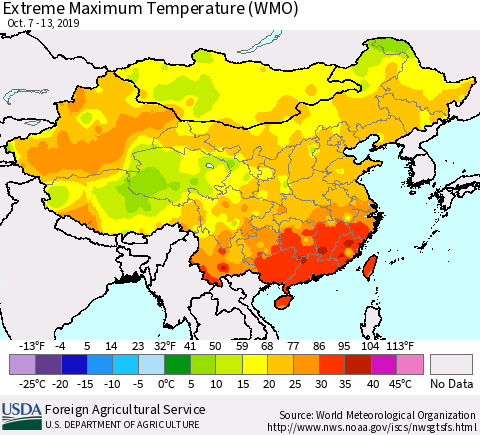 China and Taiwan Extreme Maximum Temperature (WMO) Thematic Map For 10/7/2019 - 10/13/2019
