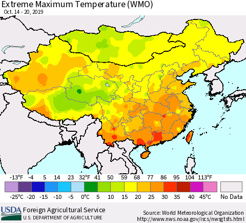 China and Taiwan Extreme Maximum Temperature (WMO) Thematic Map For 10/14/2019 - 10/20/2019