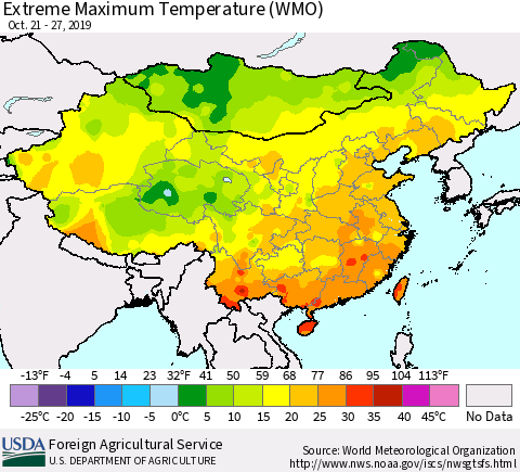 China and Taiwan Extreme Maximum Temperature (WMO) Thematic Map For 10/21/2019 - 10/27/2019
