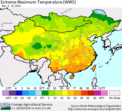 China, Mongolia and Taiwan Maximum Daily Temperature (WMO) Thematic Map For 11/4/2019 - 11/10/2019