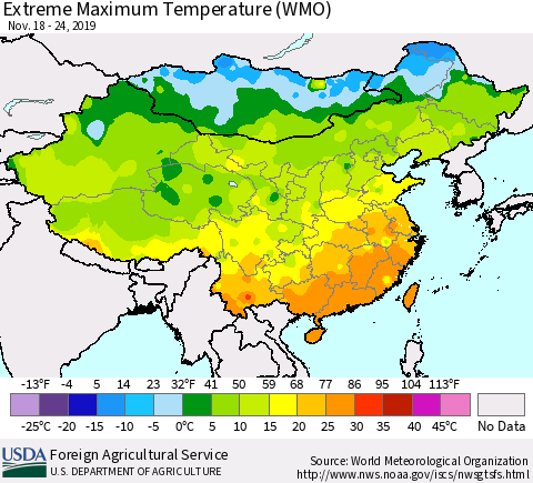 China, Mongolia and Taiwan Maximum Daily Temperature (WMO) Thematic Map For 11/18/2019 - 11/24/2019