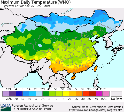 China, Mongolia and Taiwan Maximum Daily Temperature (WMO) Thematic Map For 11/25/2019 - 12/1/2019