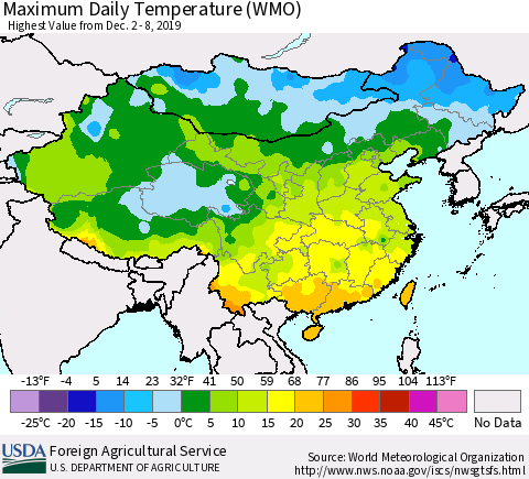 China, Mongolia and Taiwan Maximum Daily Temperature (WMO) Thematic Map For 12/2/2019 - 12/8/2019