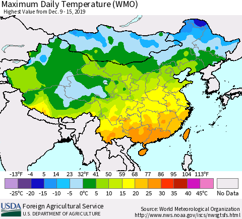 China, Mongolia and Taiwan Maximum Daily Temperature (WMO) Thematic Map For 12/9/2019 - 12/15/2019