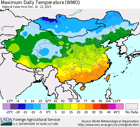 China, Mongolia and Taiwan Maximum Daily Temperature (WMO) Thematic Map For 12/16/2019 - 12/22/2019