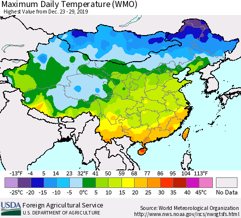 China, Mongolia and Taiwan Maximum Daily Temperature (WMO) Thematic Map For 12/23/2019 - 12/29/2019