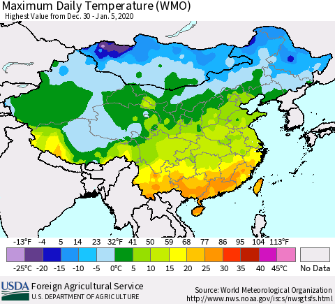 China, Mongolia and Taiwan Maximum Daily Temperature (WMO) Thematic Map For 12/30/2019 - 1/5/2020