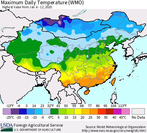China, Mongolia and Taiwan Maximum Daily Temperature (WMO) Thematic Map For 1/6/2020 - 1/12/2020