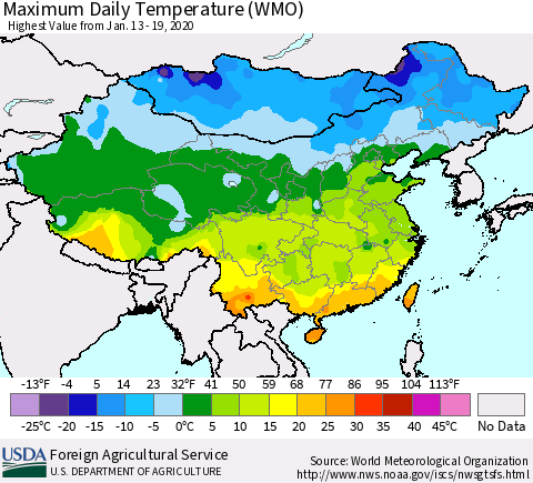 China, Mongolia and Taiwan Maximum Daily Temperature (WMO) Thematic Map For 1/13/2020 - 1/19/2020