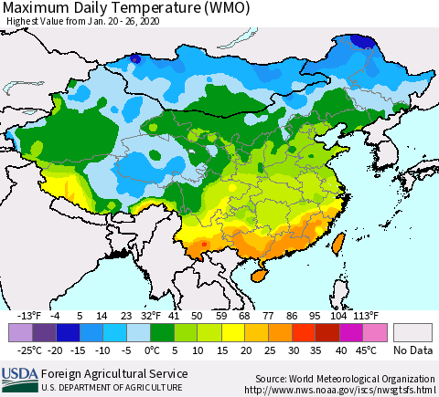 China, Mongolia and Taiwan Maximum Daily Temperature (WMO) Thematic Map For 1/20/2020 - 1/26/2020