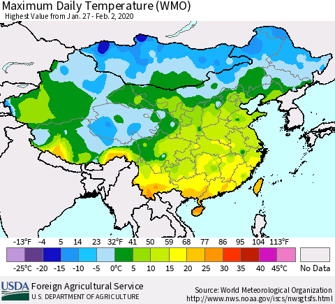 China, Mongolia and Taiwan Maximum Daily Temperature (WMO) Thematic Map For 1/27/2020 - 2/2/2020