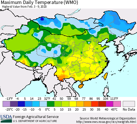 China, Mongolia and Taiwan Maximum Daily Temperature (WMO) Thematic Map For 2/3/2020 - 2/9/2020