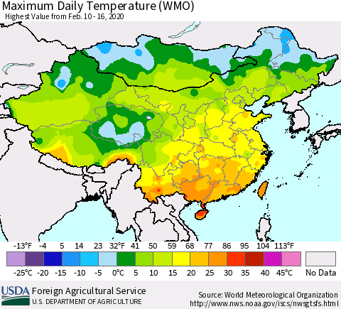 China, Mongolia and Taiwan Maximum Daily Temperature (WMO) Thematic Map For 2/10/2020 - 2/16/2020