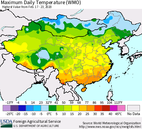 China, Mongolia and Taiwan Maximum Daily Temperature (WMO) Thematic Map For 2/17/2020 - 2/23/2020
