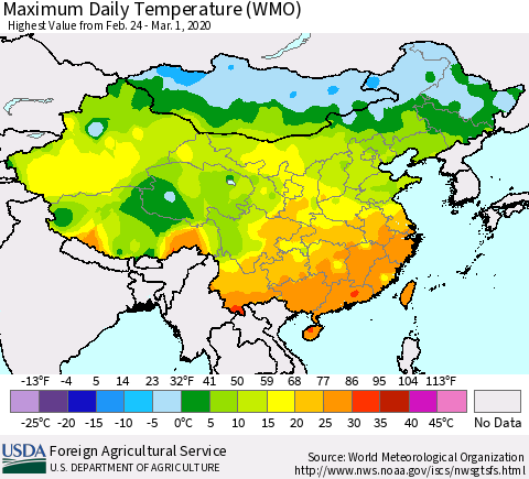 China, Mongolia and Taiwan Maximum Daily Temperature (WMO) Thematic Map For 2/24/2020 - 3/1/2020