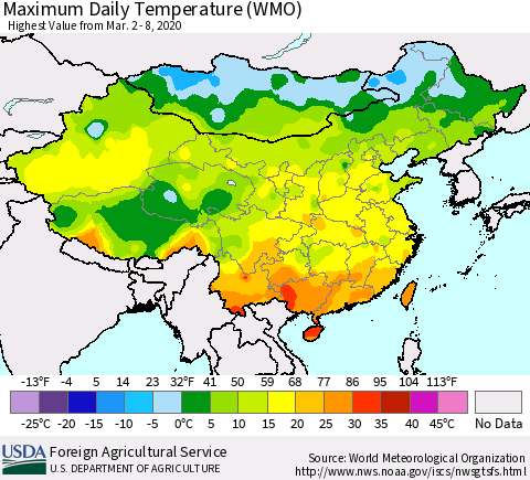 China, Mongolia and Taiwan Maximum Daily Temperature (WMO) Thematic Map For 3/2/2020 - 3/8/2020