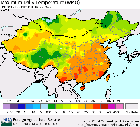 China, Mongolia and Taiwan Maximum Daily Temperature (WMO) Thematic Map For 3/16/2020 - 3/22/2020