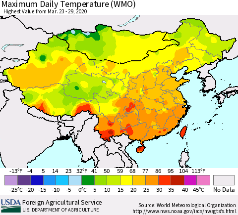 China, Mongolia and Taiwan Maximum Daily Temperature (WMO) Thematic Map For 3/23/2020 - 3/29/2020