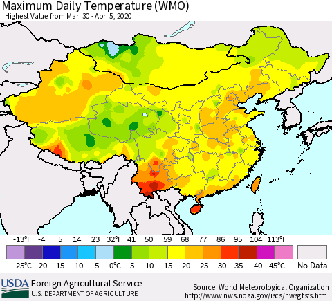 China, Mongolia and Taiwan Maximum Daily Temperature (WMO) Thematic Map For 3/30/2020 - 4/5/2020