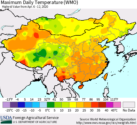China, Mongolia and Taiwan Maximum Daily Temperature (WMO) Thematic Map For 4/6/2020 - 4/12/2020