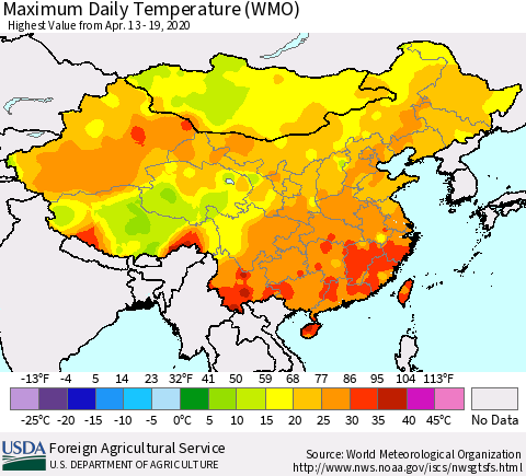 China, Mongolia and Taiwan Maximum Daily Temperature (WMO) Thematic Map For 4/13/2020 - 4/19/2020