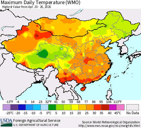 China, Mongolia and Taiwan Maximum Daily Temperature (WMO) Thematic Map For 4/20/2020 - 4/26/2020