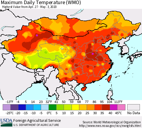 China, Mongolia and Taiwan Maximum Daily Temperature (WMO) Thematic Map For 4/27/2020 - 5/3/2020