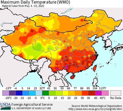 China, Mongolia and Taiwan Maximum Daily Temperature (WMO) Thematic Map For 5/4/2020 - 5/10/2020