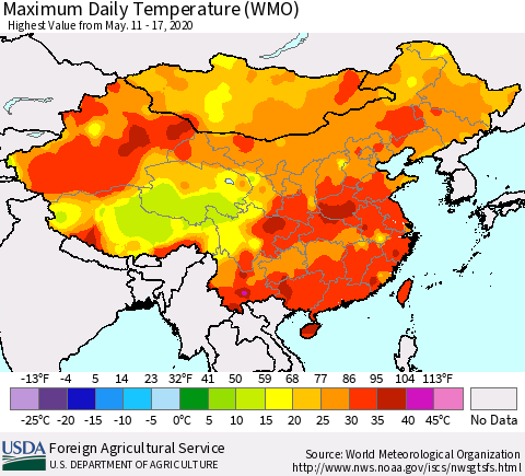China, Mongolia and Taiwan Maximum Daily Temperature (WMO) Thematic Map For 5/11/2020 - 5/17/2020