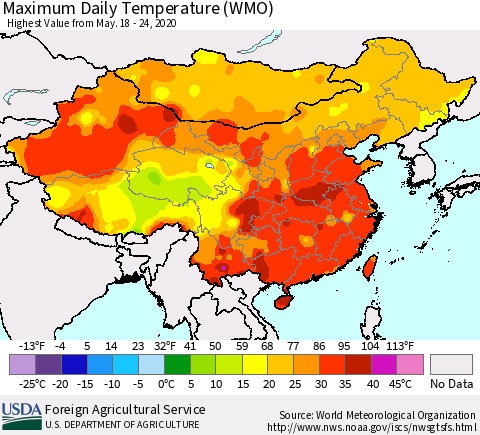 China, Mongolia and Taiwan Maximum Daily Temperature (WMO) Thematic Map For 5/18/2020 - 5/24/2020