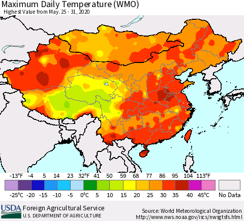 China, Mongolia and Taiwan Maximum Daily Temperature (WMO) Thematic Map For 5/25/2020 - 5/31/2020