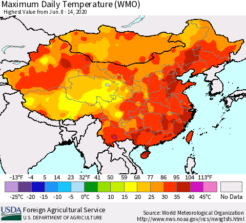 China, Mongolia and Taiwan Maximum Daily Temperature (WMO) Thematic Map For 6/8/2020 - 6/14/2020