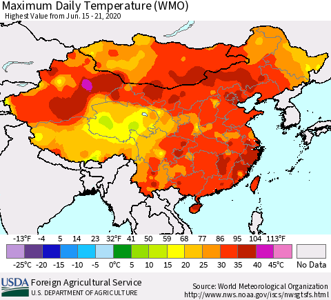 China, Mongolia and Taiwan Maximum Daily Temperature (WMO) Thematic Map For 6/15/2020 - 6/21/2020