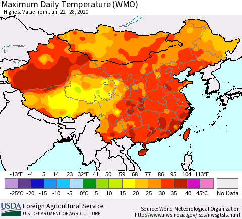 China, Mongolia and Taiwan Maximum Daily Temperature (WMO) Thematic Map For 6/22/2020 - 6/28/2020