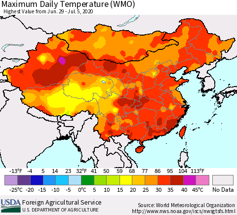 China, Mongolia and Taiwan Maximum Daily Temperature (WMO) Thematic Map For 6/29/2020 - 7/5/2020