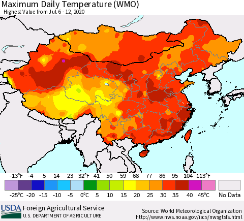 China, Mongolia and Taiwan Maximum Daily Temperature (WMO) Thematic Map For 7/6/2020 - 7/12/2020